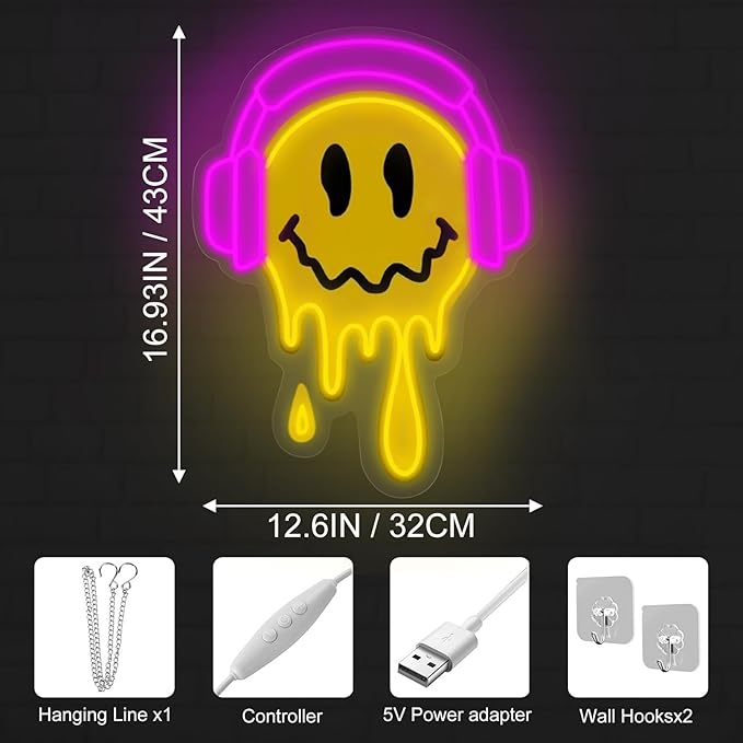 Melting Smile Face With Headphone Neon Sign for Wall Decor Neon Smile Light Signs for Kids Room Bar Party Bedroom Decor Lamp Personalized Gifts Kids Room, Wedding Decoration, Holiday Gift-Pink