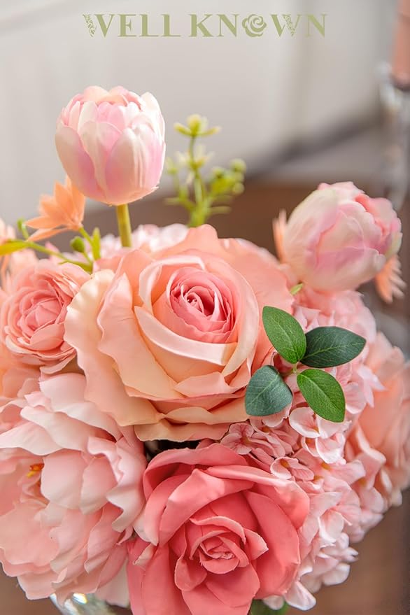 Artificial Flowers in Vase with Fake Water, Silk Tulips Peony Rose Flowers Bouquet with Glass Vase for Home Birthday Party Wedding Dinning Table Centerpieces Office Hotel Decor Gift (Peach Pink Mixed)