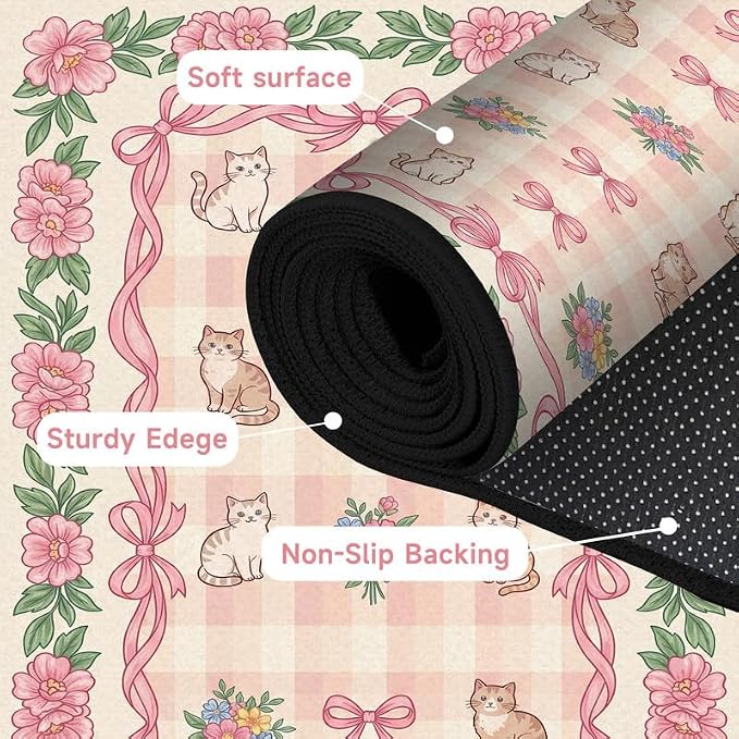 5'x7' Cat Floral Area Rug Pink Bow Flower Carpet Washable Rug Cute Cartoon Boho Floor Mat for Bedroom Living Room Nursery Playroom Classroom Home Decor