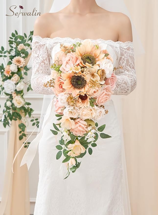 Serwalin 11 Inch Wedding Bouquets for Bride Bridesmaid, Champagne Bridal Bouquets for Bride, Wedding Flowers Bouquet Tossing Bouquet, Wedding Ceremony and Anniversary Day Decor