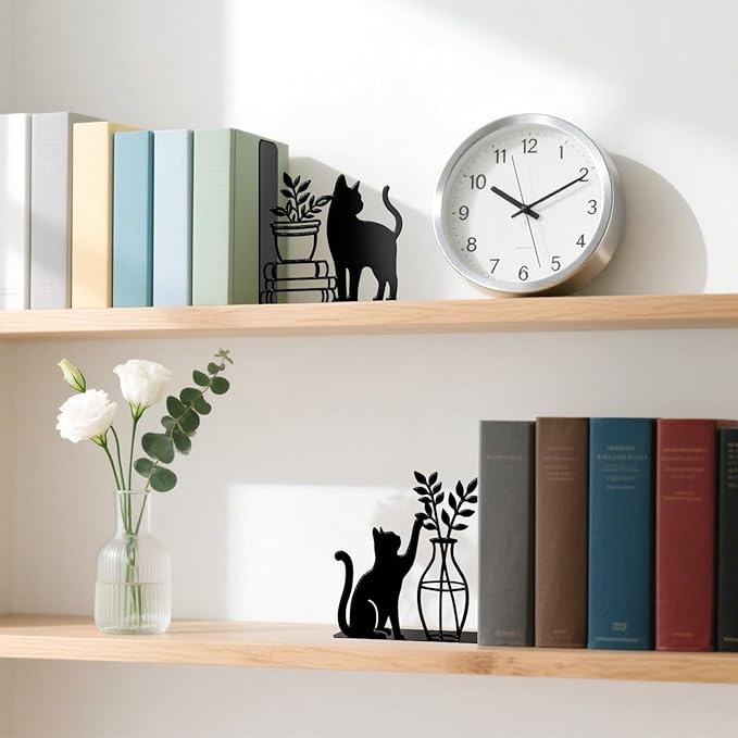 Cat Metal Bookends Cute Cat Book Ends for Shelves Bookshelf Home Office Desk Decorative Bookshelf Decor Gift for Cat Lovers and Reading Enthusiasts