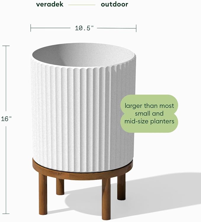 Veradek Demi Series Round Planter w/Stand for Porch/Patio | Durable Plastic-Stone Composite & Wooden Stand | Modern Décor for Tall Plants, Flowers