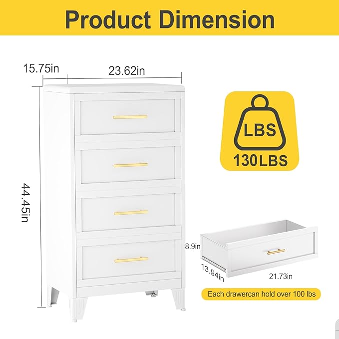 4 Drawers Tall White Dresser for Bedroom, 44.45" Metal Dressers & Chests of Drawers Curved Corner Design, Storage Organizer Drawer Chest with Large Capacity for Living Room, Entryway, Hallway