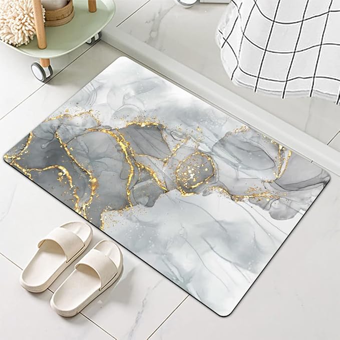 Diatomaceous Earth Bath Mat,Gold Grey Marble Non-Slip Volume Super Absorbent Fast Drying for Bathroom Kitchen Door mat,Eco-Friendly Easy to Clean 17×27.5Inch (43 * 70cm)