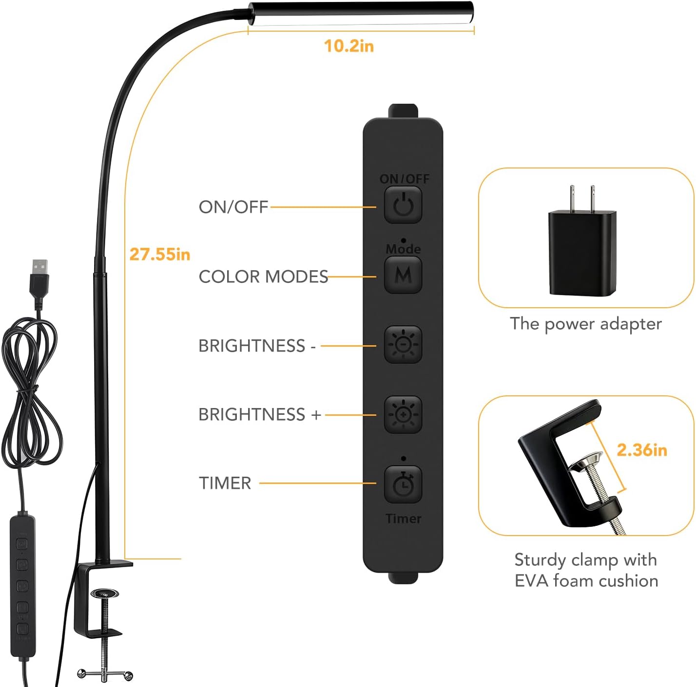 Skiennix LED Desk Lamp - Eye-Caring Clip-On Light with 5 Modes & 10 Brightness Levels | Flexible Gooseneck, Black