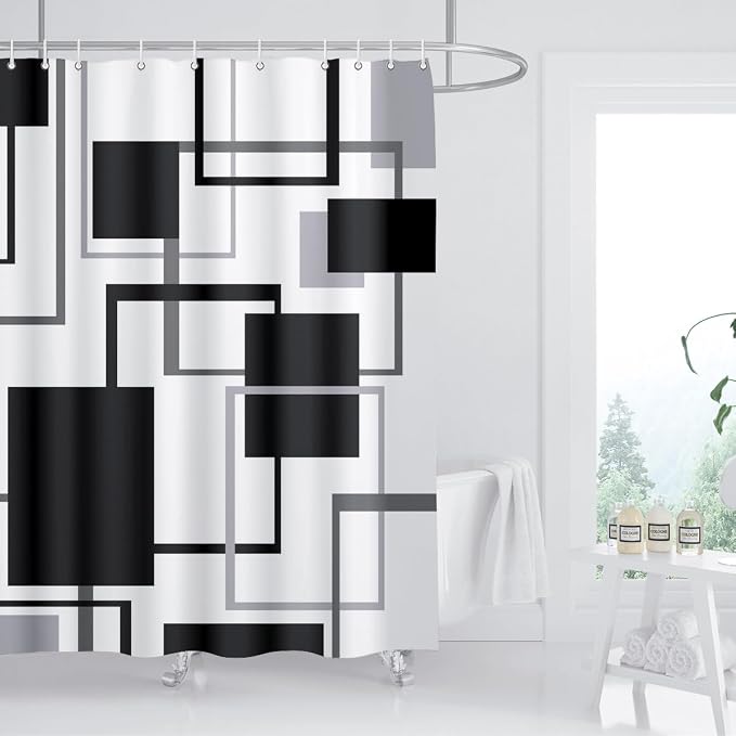 Geometric Shower Curtain Abstract Black White Grey Lines Square Simple Aesthetics Art Modern Home Bathroom Decor Waterproof Fabric 72Lx72W Inch with Plastic 12PCS Hooks