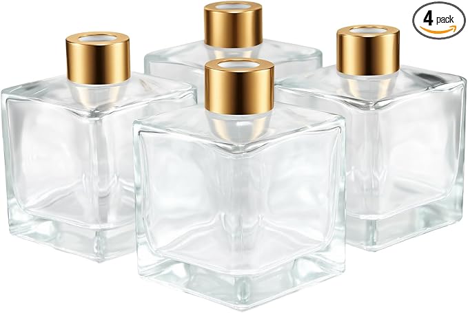 Squre Glass Diffuser Bottles with Gold Caps, Set of 4-3.7" High,200ml 6.7 fl oz. Fragrance Accessories Use for DIY Replacement Reed Diffuser Sets