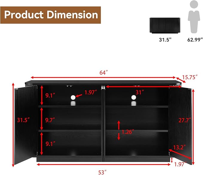 64" Sideboard Buffet Cabinet with Storage, Modern Fluted Accent Credenza with Adjustable Shelves, Wood Media Console Coffee Bar Table for Living Room Kitchen Dining Room, 31.5" H, Black