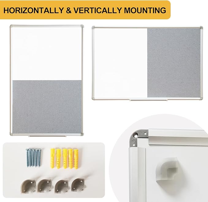 DEVELOP Grey Felt Bulletin & Magnetic Dry Erase Combo Board, 24 x 18 Inch, Wall Mounted Whiteboard/Grey Felt Bulletin Combination Board with Marker Tray, Pins, Eraser, Markers & Magnets