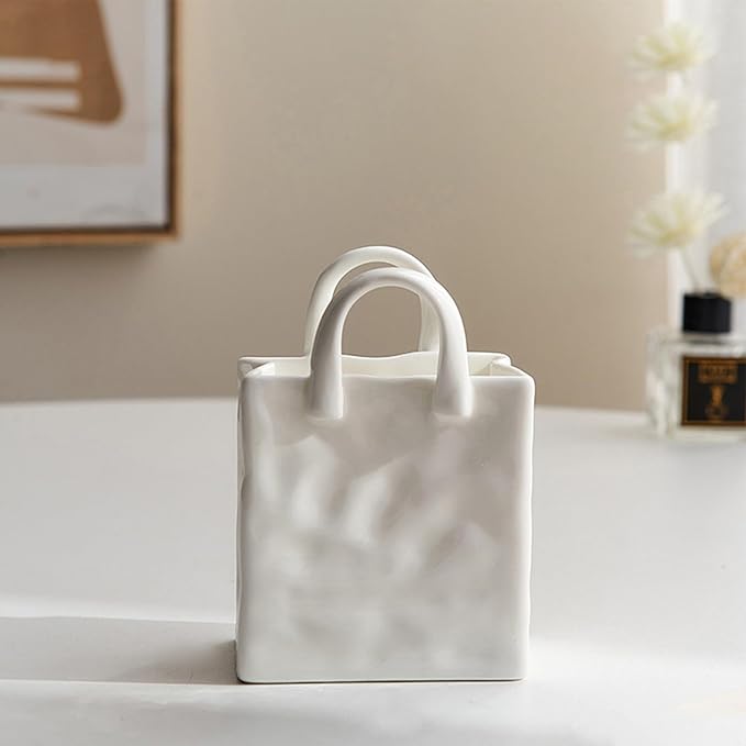 Ceramic Flower Vase - Tote-Shaped Retro Tabletop, Elegant Decorative Vasse with Smooth Glazed Finish | Cute Vintage-Style Ceramic Decor for Living Room, Bedroom & Home Interior Styling
