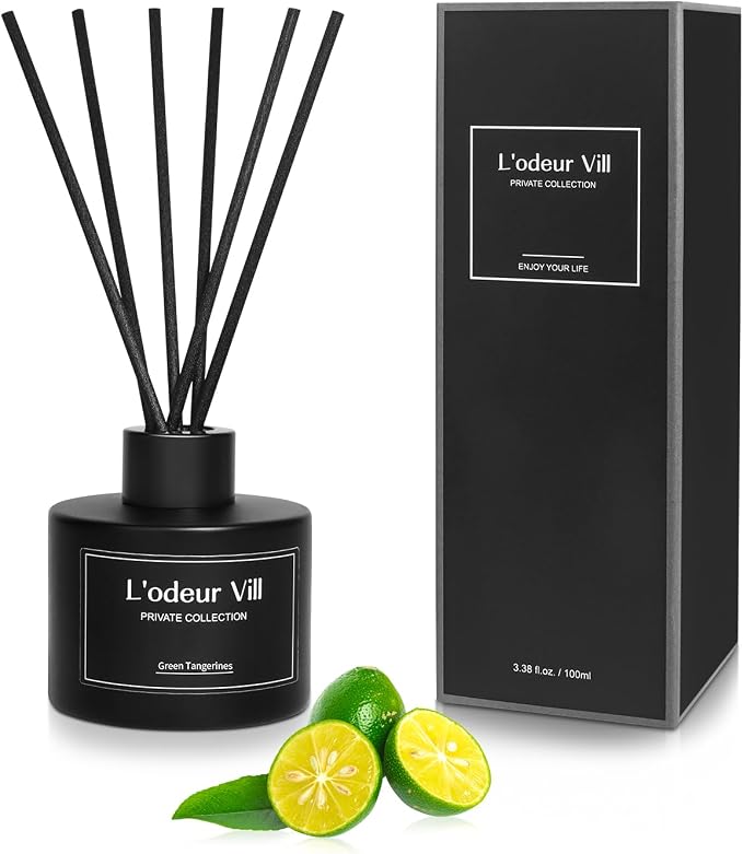 L'odeur Vill Reed Diffuser, 3.4oz(100ml) Green Tangerines Reed Diffuser Set with 6 Oil Diffuser Sticks, Matte Black Aroma Scent Diffuser, Long Lasting Home Fragrance for Bathroom Shelf Decor