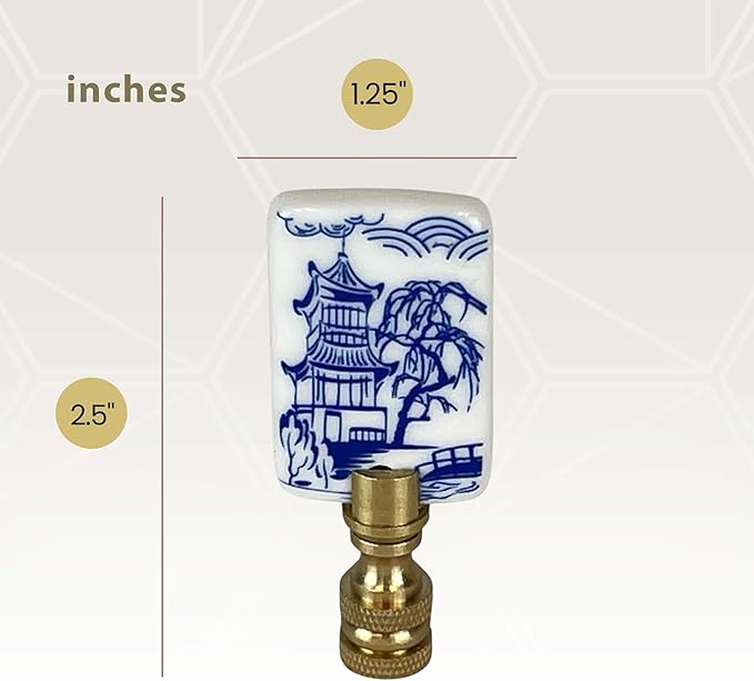Royal Designs, Inc. Porcelain Chinese Garden Design Finial for Lamp Shade, Polished Brass, Blue & White, Pack of 2