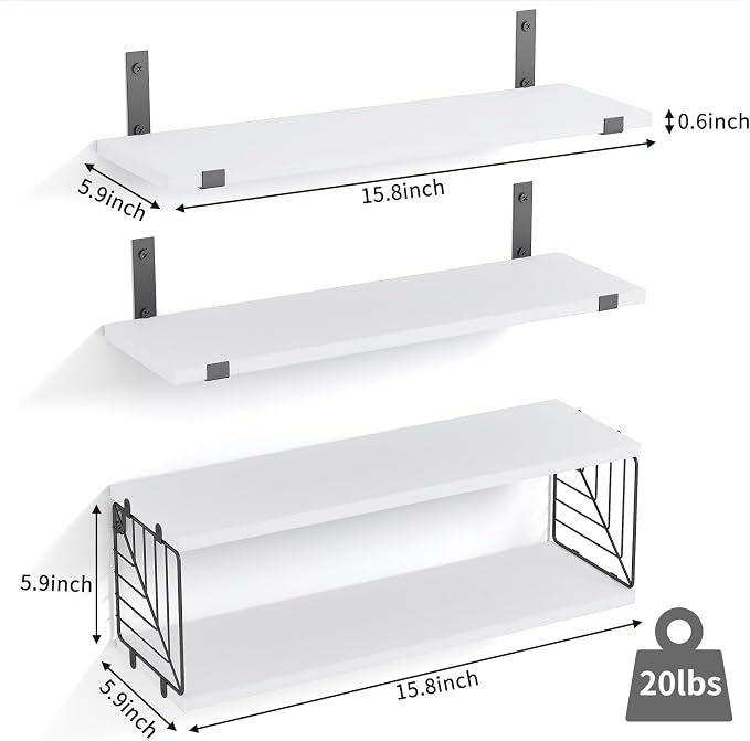 Fixwal 3+1 Tier Bathroom Floating Shelves Over Toilet, 15.8in Farmhouse Rustic Wood Shelves, Wall Decor for Bathroom, Living Room,Bedroom and Kitchen (White)