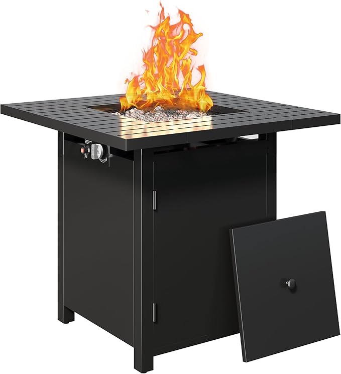 FansaFurn 30'' Propane Fire Pit Table, 50000 BTU Gas Fire Pits Table with Removable Lid and Lava Rock, Square Fire Table with Cover, Ideal for Dining or Party on Patio, Garden, Yard, Black