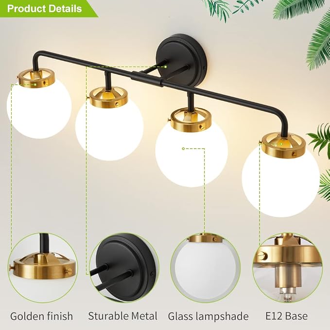 Black Gold Bathroom Light Fixtures Above Mirror, Modern Vanity Lighting with White Glass Globe Shade 4-Light Farmhouse Wall Sconce