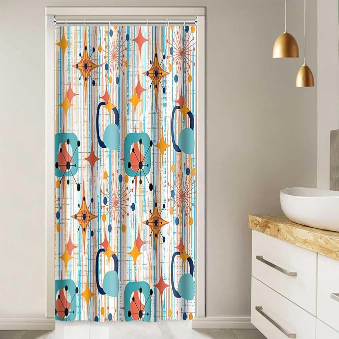 Mid Century Shower Curtain, 36x72inch, Modern Abstract Retro Colorful Striped Geometric Shower Curtain Sets 1950s Boho Bathroom Shower Curtain with 6 Hooks