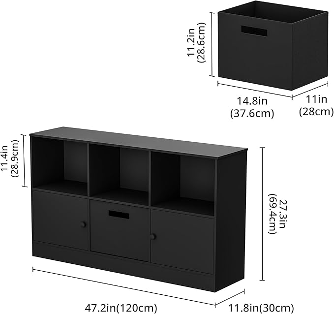 2-Tier Open Bookcase with 2 Doors, 6-Cube Wooden Bookshelf with Fabric Drawer, Floor Standing Display Cabinet Organizer, Kids Open Shelf Low Bookcase for Living Room, Bedroom, Office, Black