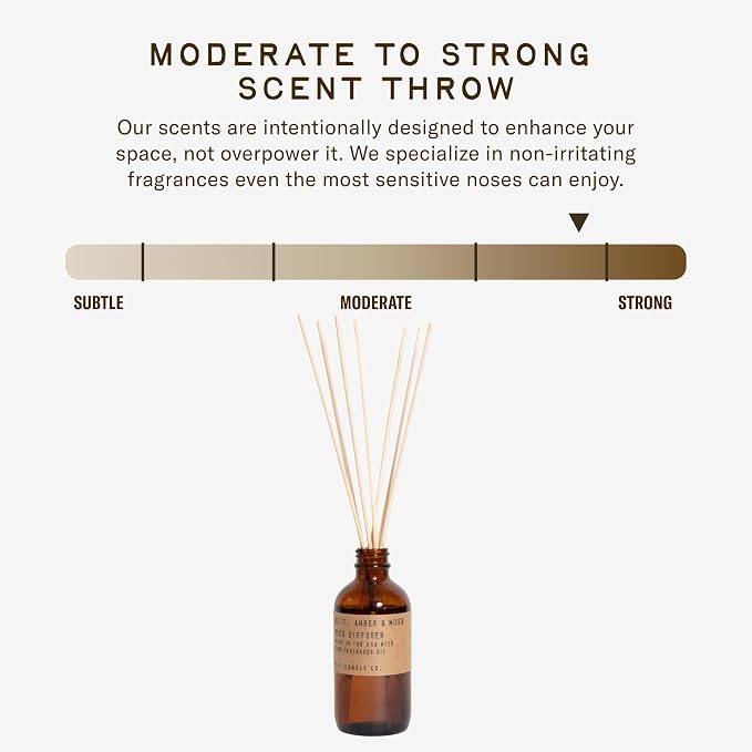 P.F. Candle Co. Amber & Moss Classic Scented Rattan Reed Diffuser (3.5 fl oz) Amber Glass Jar, Fine Fragrance Oil, Flame-Free Fragrance, Made in The U.S.A.