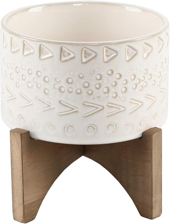 Flora Bunda Mid-Century 5 Inch Caveman Texture Ceramic Planter on Wood Stand, Ivory Caveman 5"