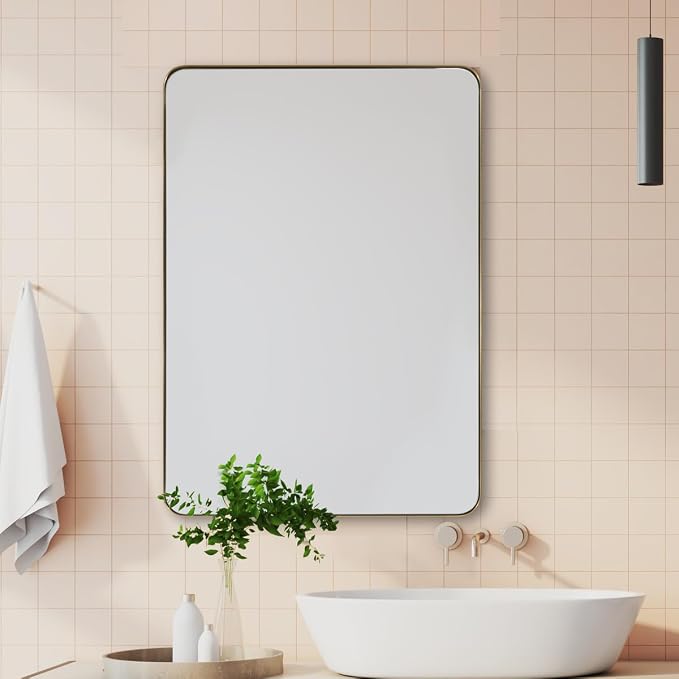 ANDY STAR Gold Bathroom Mirror for Wall, 20x28” Brushed Brass Metal Rounded Corner Rectangle Mirror, Wall Mirror in Stainless Steel Metal Frame, 1" Deep Set Design Hangs Horizontal Or Vertical