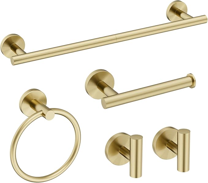 Gold Bathroom Accessories 5 Piece, 18 Inch Bath Hardware, Wall Mounted Brushed Gold Towel Rack, Durable SUS304 Stainless Steel Towel Bar Set