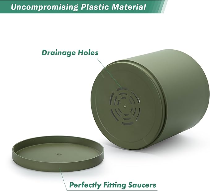 D'vine Dev 14 Inch Plastic Planter Pots for Plant Pot with Drainage Hole and Seamless Saucers, Olive, 74-X-I-4