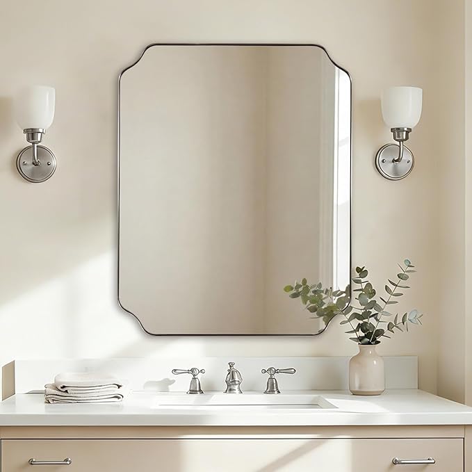 ANDY STAR 24"x30" Brushed Nickel Mirror, Silver Vanity Mirror for Bathroom Sink, Modern Scalloped Mirror in Rustproof Stainless Steel Thin Frame, Unique Rounded Notched Corners, Ideal for Home Remodel