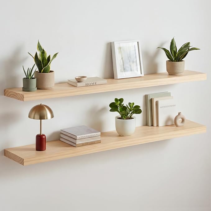 Homeforia 48 inch Natural Floating Shelf, High End Solid Real Wood 48inch Small Floating Shelves for Wall Mounted, Natural Wooden Floating Shelves, Heavy Duty Bracket, 48 X 6.5 X 1.75 in, Set of 2