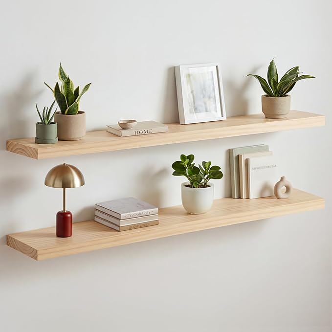 Homeforia 48 inch Natural Floating Shelf, High End Solid Real Wood 48inch Small Floating Shelves for Wall Mounted, Natural Wooden Floating Shelves, Heavy Duty Bracket, 48 X 6.5 X 1.75 in, Set of 3