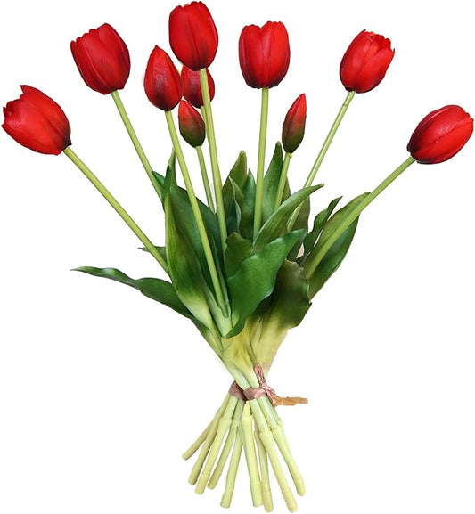 10 Pcs Fake Tulips Tulips Artificial Flowers Real Touch Fake Flowers Artificial Flower Bouquet for Home Table Party Wedding Decoration(Red)