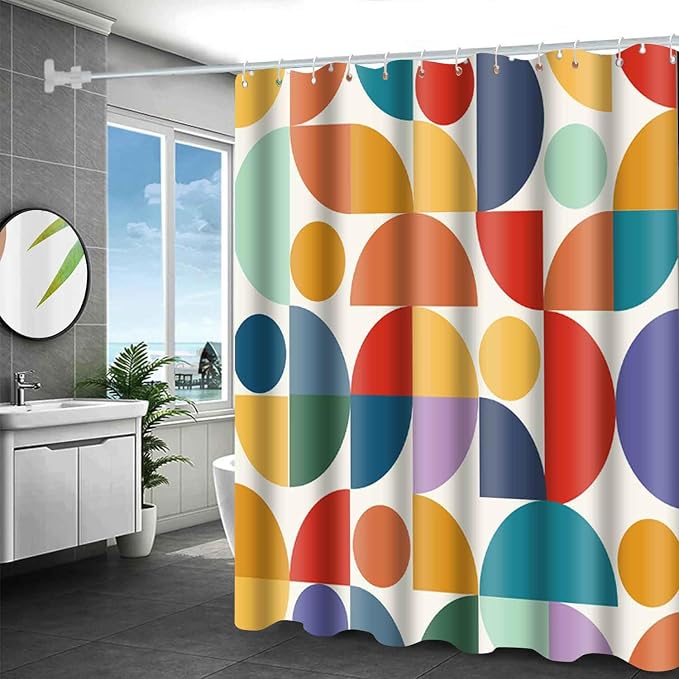 Vintage Colorful Rainbow Mid Century Shower Curtain Modern Abstract Geometric Art Bathroom Curtain Decor 72x84 Inch Washable Fabric Bright Retro Boho Circle Patterned Bath Curtain with 12 Hooks