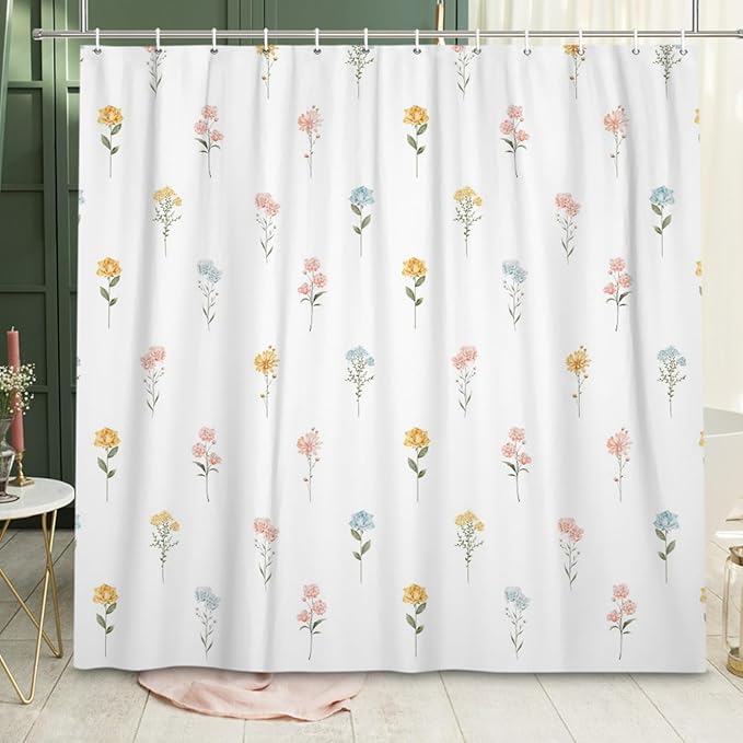 Floral Extra Long Shower Curtain, Wildflower Botanical Plant Leaves Cute Flower Spring Herbs Elegant Waterproof Fabric Machine Washable for Bathroom Bathtub Decor with Hooks 72Wx84H