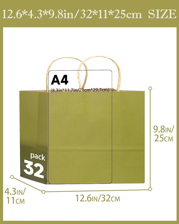 qiqee 13"x4.5"x10" Large Gift Bag with Handles Bulk 32PCS Gift Paper Bags Sage Green Bags Multiple Uses (Wide Large)