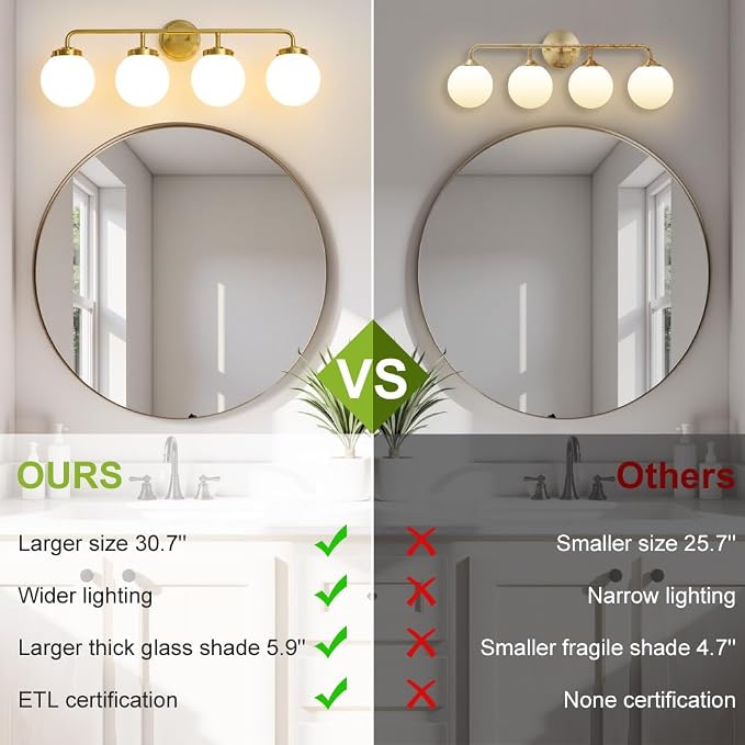 Bathroom Light Fixtures Gold Vanity Lights Over Mirror, Modern Wall Sconce Lighting 4-Light with White Glass Globe Shade