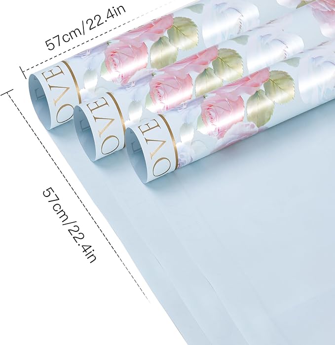 WRAPAHOLIC 20 Sheets Light Blue Flower Wrapping Paper - 22.4 x 22.4 inch Rose Design Water-Resistant Floral Bouquet Wrapping Paper, Florist Supplies Packaging for Wedding Birthday Gift DIY