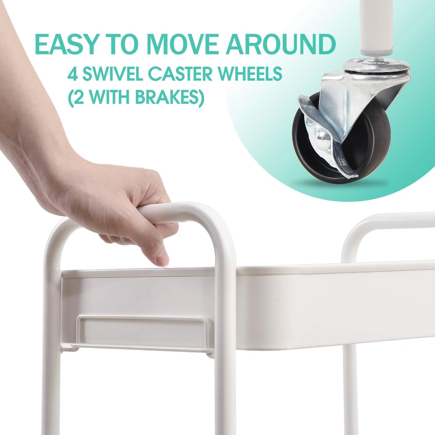 TOOLF 3-Tier Rolling Cart - Metal Utility Storage Organizer with Lockable Wheels | Easy Assembly, White