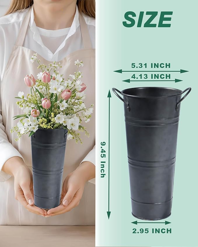9 Inch Galvanized Metal Vases for Flowers - 6 Pcs Farmhouse Decorative Tall Flower Bucket with Handles, Rustic French Tin Planter Buckets for Wedding Decor (Galvanized Black)