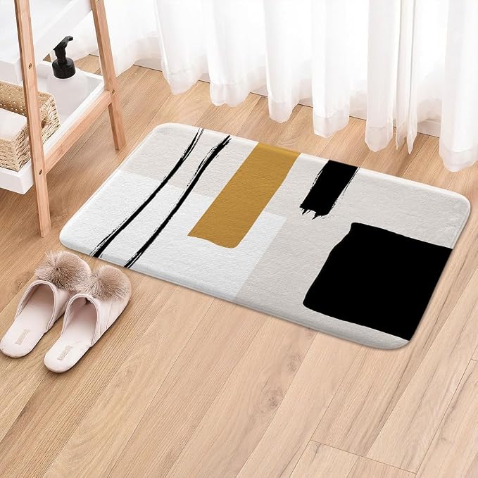Abstract Modern Bath Mat for Bathroom, Geometric Minimalist Black and White Flannel Floor Rug, Non-Slip Shower Mat, Beige Yellow Tan Doormat, Accessories Decor 17x29inch