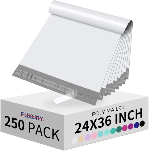 Fuxury Poly Mailers - 250 Pcs Waterproof Mailing Envelopes for Clothing | Strong Adhesive, 24x36" (White)