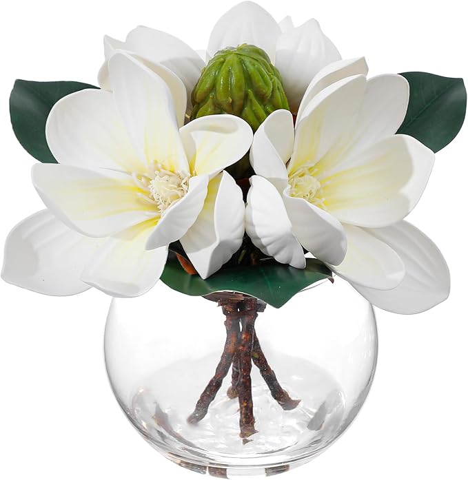 Artificial White Magnolia Flowers in Glass Vase with Faux Water, Real Touch Silk Magnolia Floral Arrangement, Fake Magnolia Centerpiece for Home Dining Table Office Bathroom Shelf Decoration