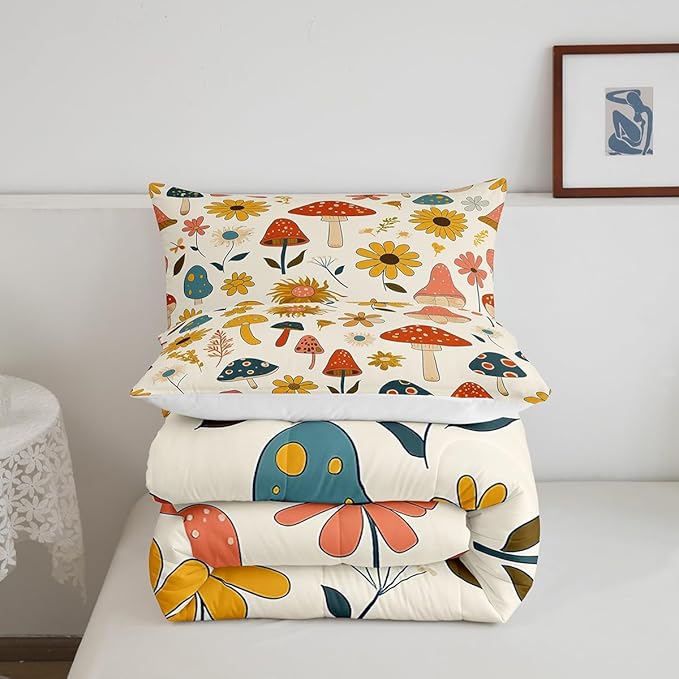 Castle Fairy Retro Mushroom Flowers Bedding Set King Size,70s 60s Groovy Comforter Set Room Decor for Couple,Vintage Boho Plant Floral Microfiber Down Comforter,2 Pillowcases
