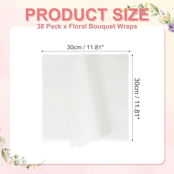 YELARXI Flower Wrapping Paper, Cotton Wrapping Flower Paper, Non-Woven Waterproof Floral Bouquet Wraps - Fitting for (Florist Supplies/Gift) 11.8 x 11.8 Inch & 38 Pack & White