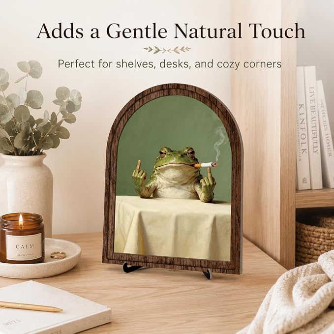 Funny Frog Tabletop Decor Sign, Arched Wooden Frame with Stand, Retro Whimsical Print, Home Office Desk Art for Living Room Bedroom, Vintage Frog Smoking Poster