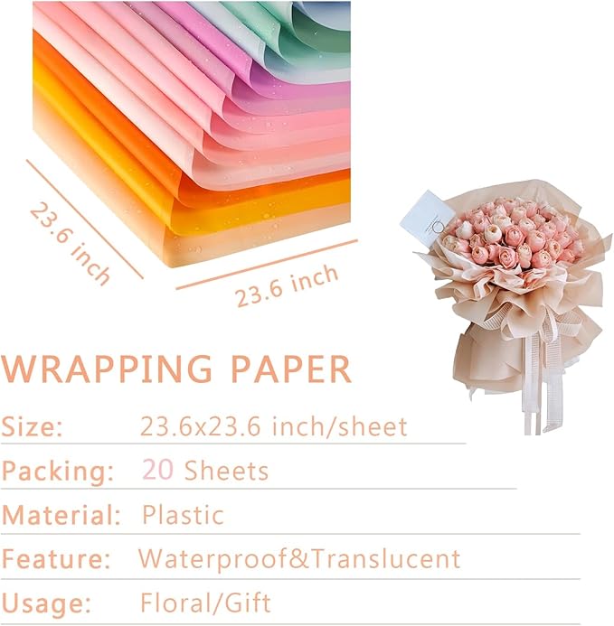 BBJ WRAPS Translucent Flower Wrapping Paper for Florist Waterproof Durable Bouquet Wrapping Paper for Floral Arrangements on Valentine's Day, Mother's Day, 22.8x22.8 Inch - 20 Sheets(Grey)