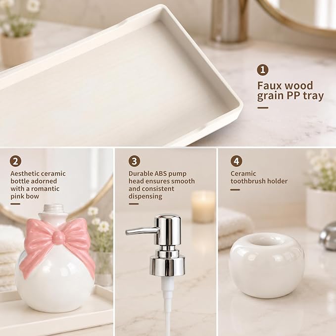 Pink Bathroom Accessories Ceramic Pink Bow Bathroom Set for Bathroom Vanity - Includes Tray, Soap Pump, Toothbrush Holder
