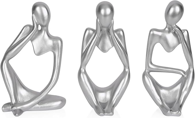 Sandstone Resin Thinker Style Abstract Sculpture Statue Collectible Figurines Home Office Bookshelf Desktop Decor (Small Silver, 3pcs)