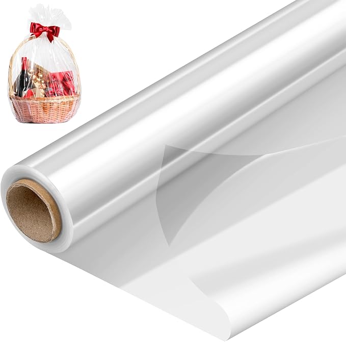 Mauproy 34 In x 100 Ft Clear Cellophane Wrap Roll, Extra Wide, 2.5 Mil Thick Transparent Plastic Gift Wrapping Paper for Gift Baskets, Flower Bouquets, Gifts, Treats (34” Fold into 17”)