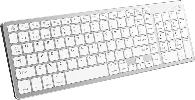 JKSML Wireless Keyboard with 102 Keys, Bluetooth and 2.4 GHz Wireless, Low Profile, Number Pad, Fluid Quiet Typing, 12 Programmable Keys, USB C Rechargeable, for Phone, Tablet, PC, Laptop, TV - White