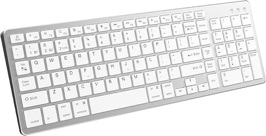 JKSML Wireless Keyboard with 102 Keys, Bluetooth and 2.4 GHz Wireless, Low Profile, Number Pad, Fluid Quiet Typing, 12 Programmable Keys, USB C Rechargeable, for Phone, Tablet, PC, Laptop, TV - White