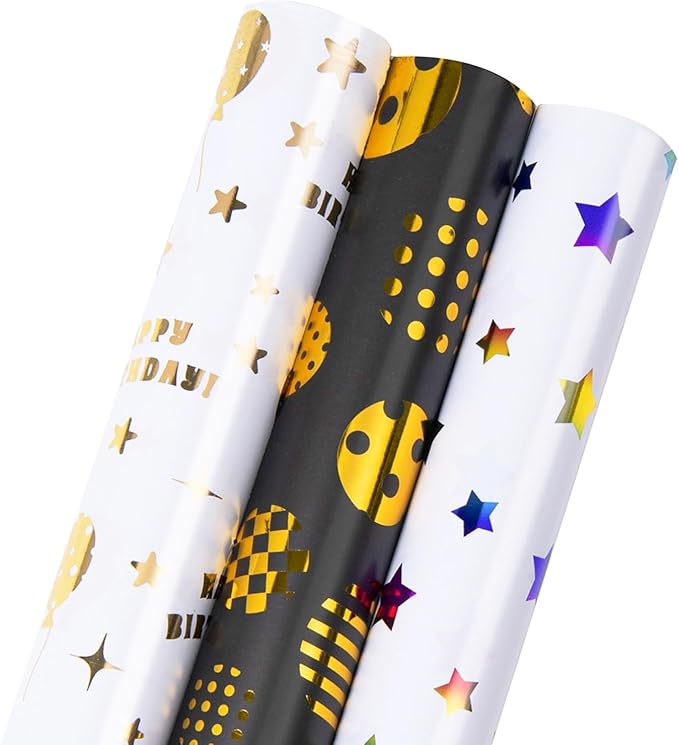 Linnoptimix Birthday Wrapping Paper Rolls -3 LARGE ROLL-27inch*78 inch per roll Colorful Foil wrapping paper (Birthday 1 White/Gold&1 Black/Gold &1White/Colorful Foil（012）)